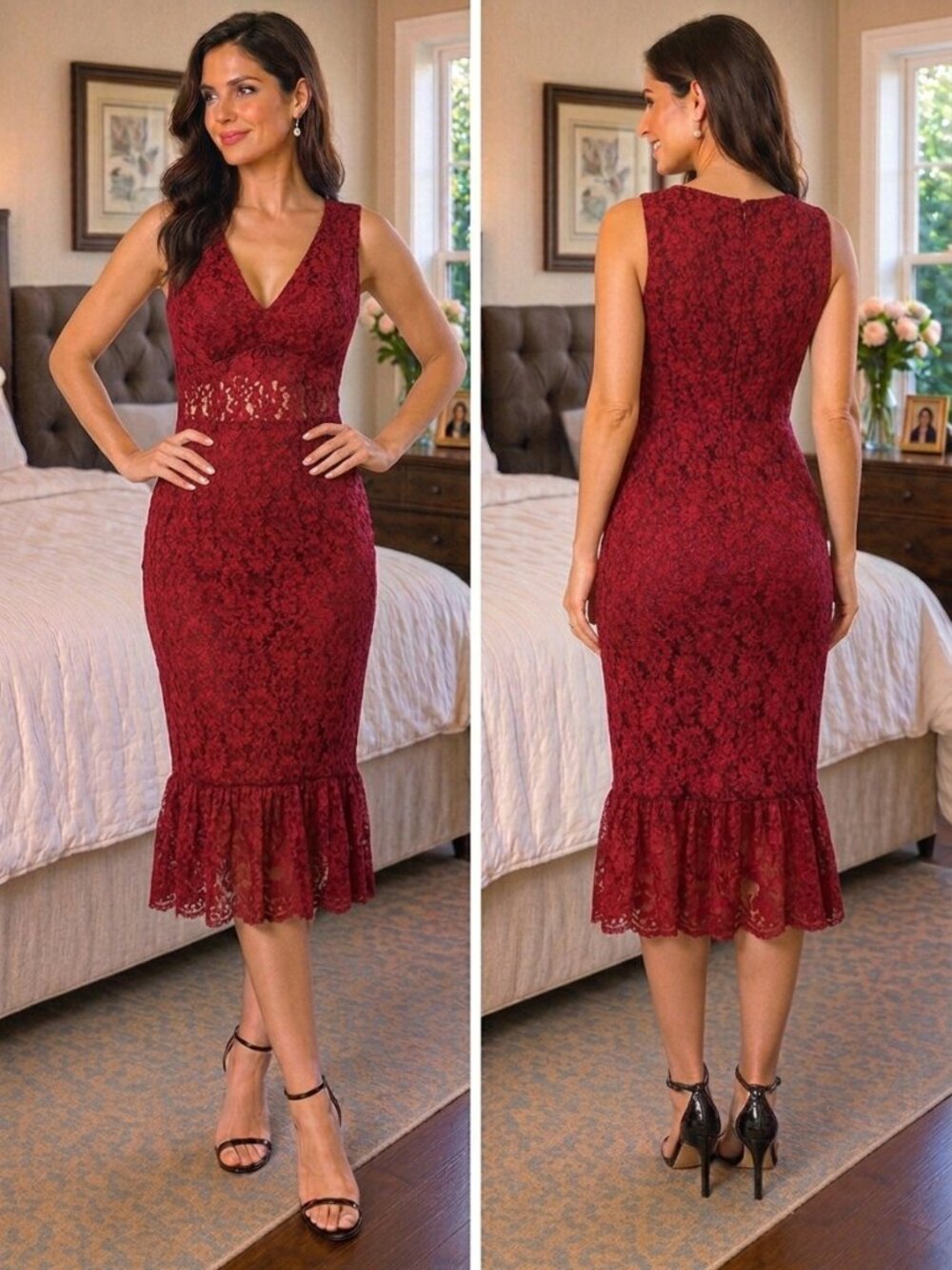 Alexia Admor Red Lace Flounce Midi Dress $265